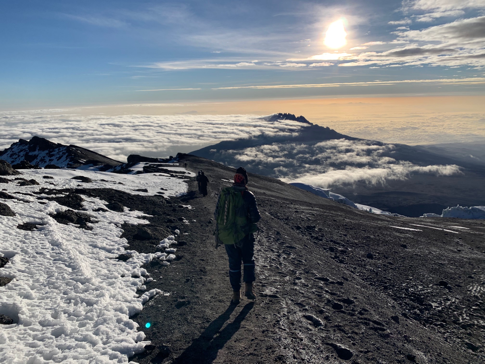 Hiking down from the summit of Kilimanjaro