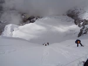 The 150m drop down to the glacier on Island Peak